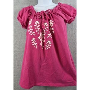 Boho Embroidered Top Womens M Purple Tie Neck Fitted Sleeve Fairy Festival Flowy